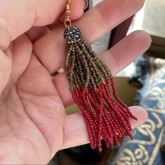 Red And Green Seed Bead Tassel Pave Crystal Earrings - Picture 5 of 7